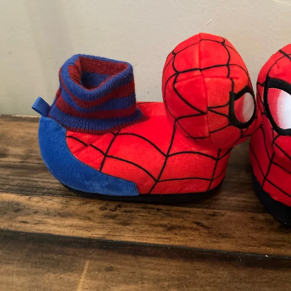 Spiderman Toddler Sz 5/6 Indoor Plush 3-D Character Slippers Sock Top Tread Cozy